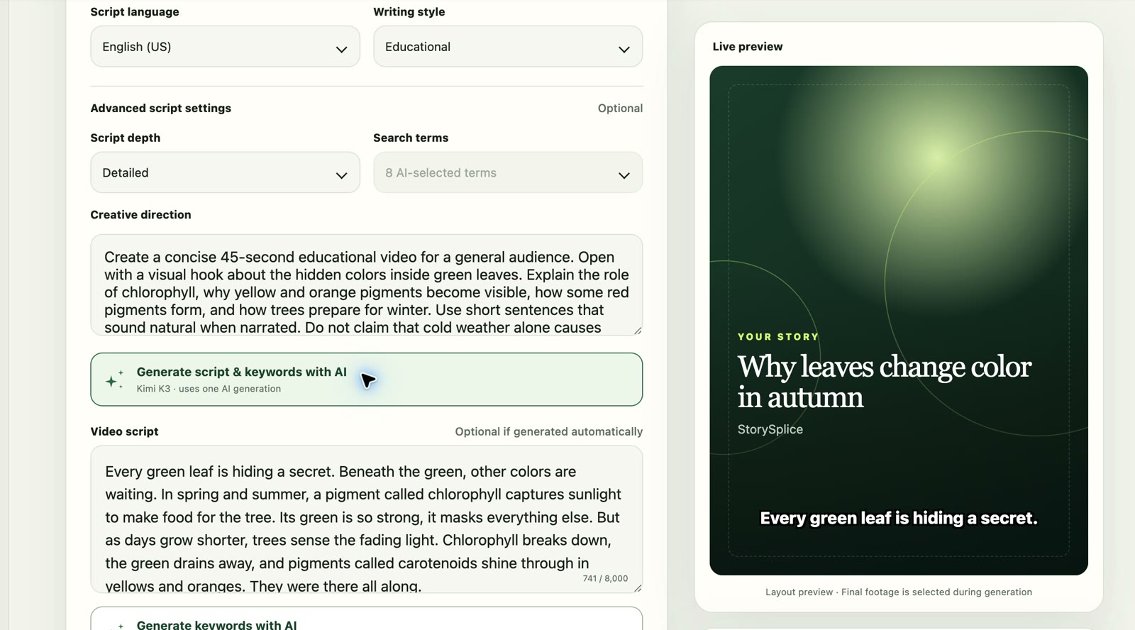 Recorded StorySplice AI draft and creative direction for the autumn leaves project